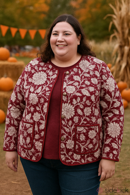 Time and Tru Burgundy Floral Quilted Jacket with White Print